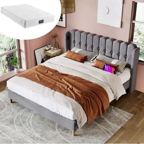 Letto matrimoniale imbottito con USB e materasso 140x200 OKMYHOME (1/5)