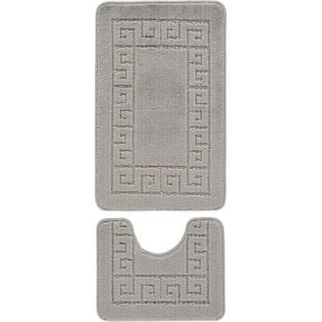 Juego de 2 alfombrillas de baño antideslizantes con estampado de greca, alfombrilla suave y lavable, alfombrilla de ducha absorbente de secado rápido y base (antracita). (1/4)