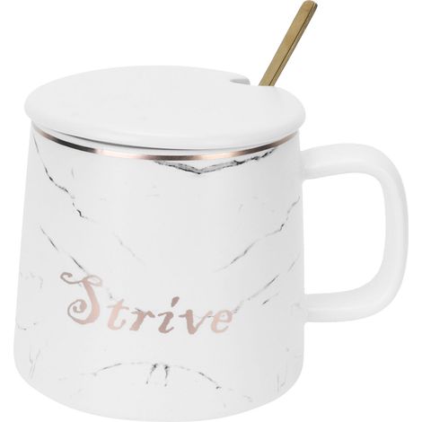 Tasse en céramique motif marbre blanc avec cuillère et couvercle, originale pour maison, voyage, bureau, extérieur (1/5)
