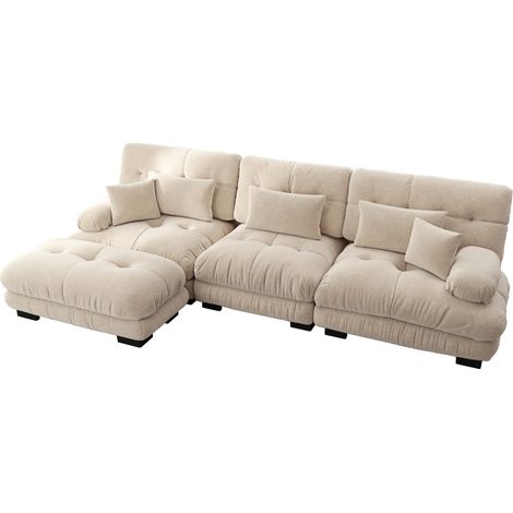 Luxuriöses Modulares Ecksofa - Übergroßes L-förmiges Cloud Couch für Wohnzimmer, Tiefes Schlafsofa mit Ottoman, Cord, Chenille Hellbraun (1/5)