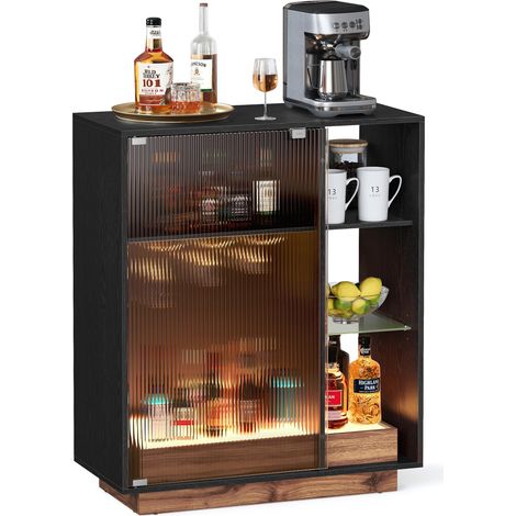 Meuble Bar à Vin avec Éclairage, Buffet avec LED, Rangement pour Vin, Meuble de Bar pour Spiritueux, avec Porte-Verre, Porte en Verre Cannelé, pour Salon, Noir Boisé BBK361B21 (1/5)
