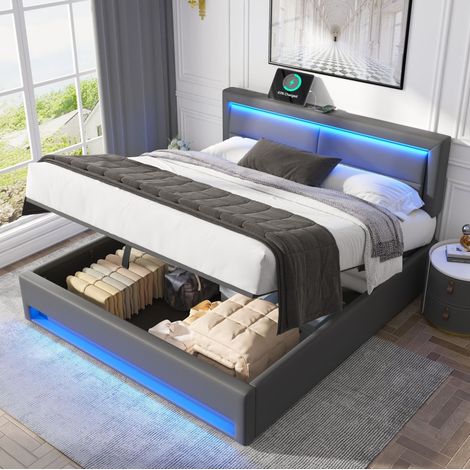 Lit rembourré moderne 140x190 cm en PU gris avec tête de lit, LED, recharge USB et sans fil, coffre de rangement (1/5)