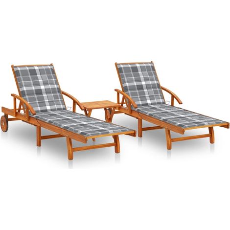 Chaises longues 2 pcs avec table et coussins Acacia solide 3 (1/5)