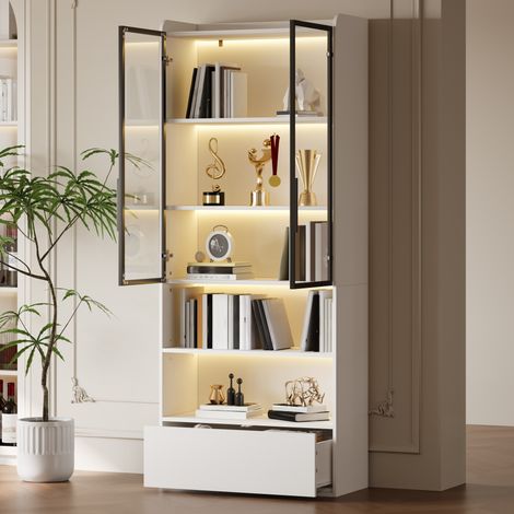 Vitrine 80x34x180 cm blanche en MDF et verre avec LED, 1 tiroir et rangement à 6 niveaux (1/5)