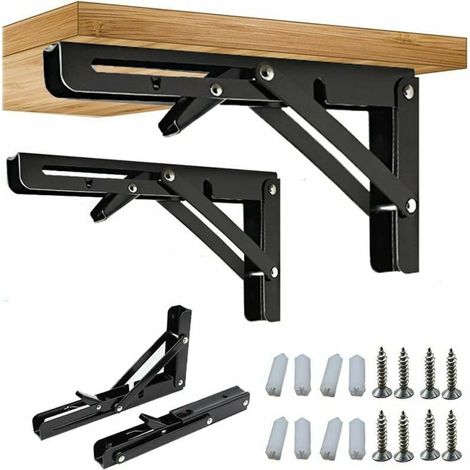 2 Pièce Équerre Pliante, 250/300mm Équerre Pliante Étagère Murale, Support Pliante Robuste Noir Support Console Pliable pour Table Etagere Murale 100KG Porteur (250mm/10inch)-Chrom (1/5)