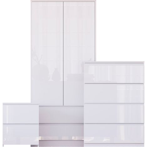 Glinton 3 Piece Bedroom Set (2 Drw Bedside, 4 Drw Chest, 2 Door 2 Drw Wardrobe), White (100% FSC) (1/4)