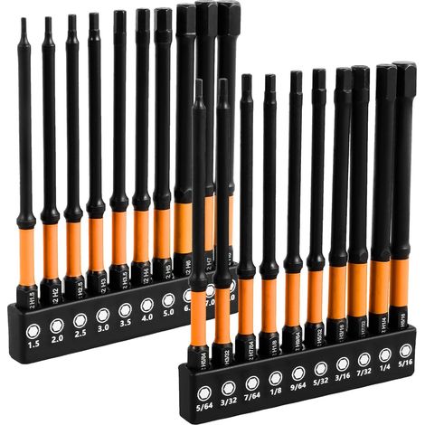 Set di 20 punte per avvitatore a impulsi esagonali (SAE e metriche), punte esagonali in acciaio S2 con gambo esagonale da 1/4", gamma SAE da 5/64" a 5/16", gamma metrica da 1,5 mm a 8 mm (1/5)