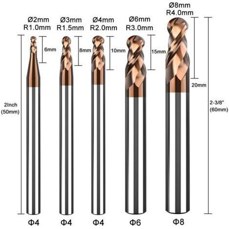 Jeu de 5 fraises hémisphériques en carbure - 2 dents - Revêtement AlTiN HRC 55 - Fraise pour gravure CNC sur métal - 5 rayons : 1, 1,5, 2, 3, 4 mm