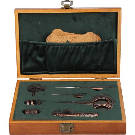 Vintage Embroidery Scissors Set Wooden Stainless Steel Sewing Box Scissors Kit Multifunctional Sewing Embroidery Tools Bronze (1/5)