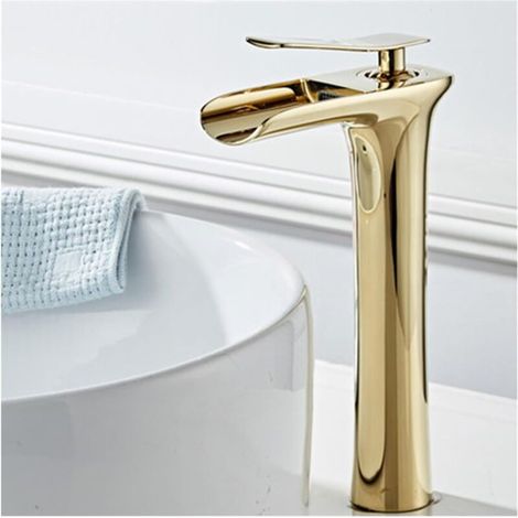 Lavabo de salle de bains de luxe, grand robinet mitigeur blanc monté sur comptoir en laiton, poignée, eau chaude et froide(Gold) (1/4)