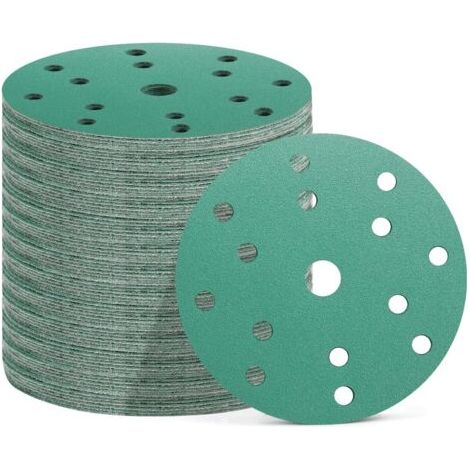Lot de 50 disques abrasifs 150 mm – 15 trous – Assortiment grains 60/80/120/180/400 – Pour ponçage bois dur et métal (1/5)