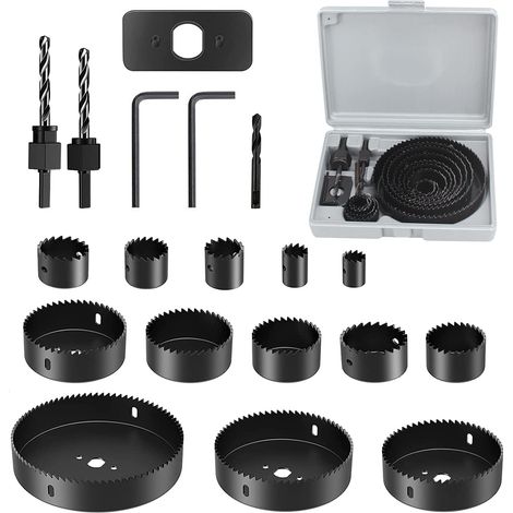 Ensemble de 19 Pièces,13 Scies Cloches Bois de 19 mm à 127 mm, Coffret Scie Cloche Reglable avec 2 Clés Hexagonales, 2 Tiges de Bielle, 1 Foret, 1 Plaque de Montage, pour Plastique, Placo, Trepan (1/5)