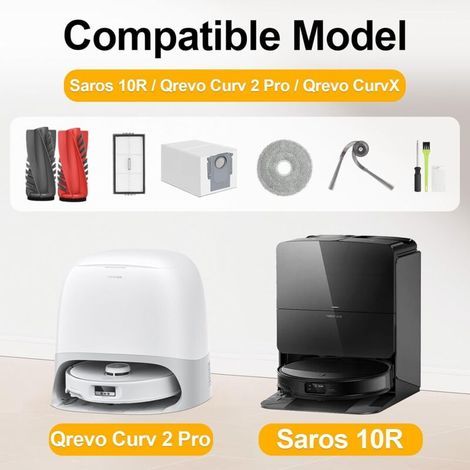 Saros 10R Kit Accessoires pour Roborock Saros 10R / Qrevo CurvX/Curv 2 Pro d'accessoires 10R Pièces de Rechange 2 Brosse Principale 6 Sacs à Poussière 6 Serpillere 4 Filtres 6 Brosse Latérale (1/3)