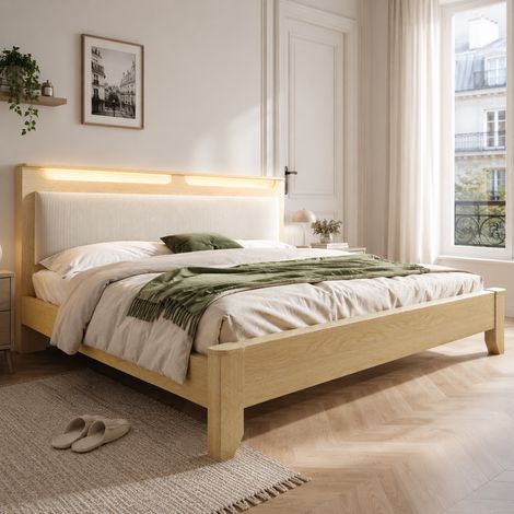 Lit double 140x200 cm chêne clair avec tête de lit rangement, LED, dossier en velours côtelé beige, sans matelas (1/5)