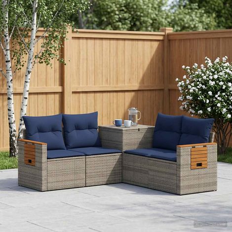 Set divano da giardino modulare in polyrattan e acciaio con cuscini grigio e blu navy, set da 5 pz - PANGIVO (1/5)