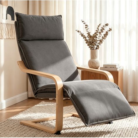 Poltrona a dondolo con poggiapiedi in tessuto effetto lino grigio scuro 90 x 67 x 105 cm OKWISH (1/5)