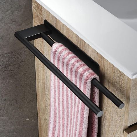 Double Towel Rack 39CM Bathroom Towel Holder Wall Mounted Self-Adhesive No Drilling Required Stainless Steel Kitchen Towel Holder, Black (1/4)