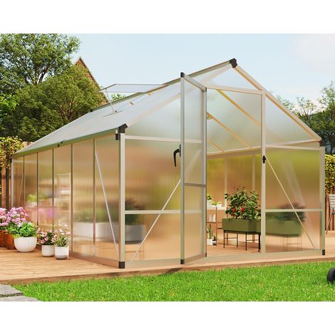Serre polycarbonate pied cadre aluminium robuste porte coulissante verrouillable puits lumière réglables résistant intempéries jardin patio 8×12