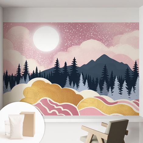 Papier peint intissé décoratif avec colle pour salon chambre et bureau Installation rapide Coucher de soleil rose 152x104 cm (1/5)