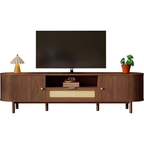 Meuble TV moderne avec tiroirs en rotin, compartiments ouverts, plateau arrondi, pieds en métal effet bois, meuble de salon multifonction (1/5)