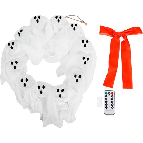Couronne fantôme réutilisable, décoration lumineuse avec un joli nœud rouge pour fête à la maison (1/5)