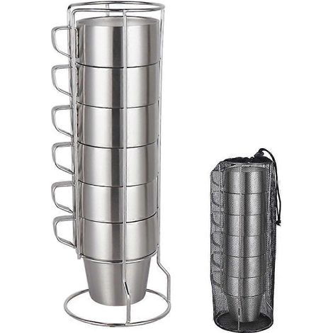Ensemble de 6 tasses à café empilables avec support, en acier inoxydable 304, à double isolation, idéales pour le café, le thé au lait, le camping et les pique-niques en plein air. (1/3)
