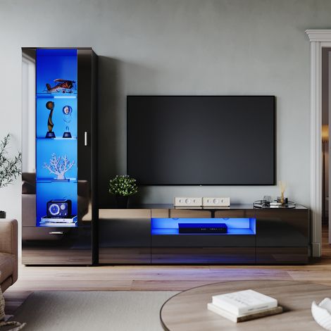 ELEGANT 1800mm High Gloss LED TV Unit Stand Cabinet Sideboard Display Cabinet with 5mm Tempered Glass Living Room Home Furniture Black Set 5 (1/5)