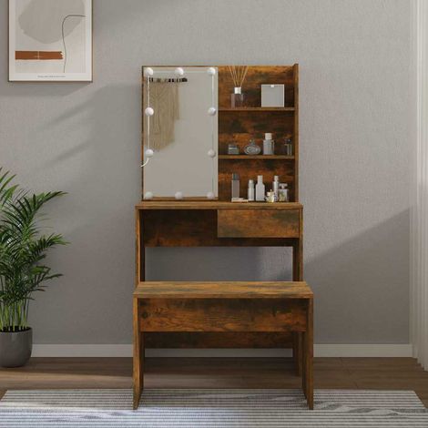 vidaXL Juego de tocador con LED madera contrachapada roble ahumado (1/5)