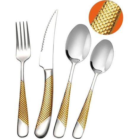 Ensemble de couverts modernes 24 pièces, Or Argent martelé Couteaux dentelés 2-en-1 ultra-tranchants, Service en acier inoxydable (1/5)