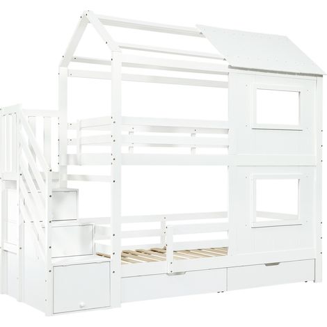 Kinderhochbett 90 x 200 cm weiß mit Stauraumtreppe und Schublade (1/5)