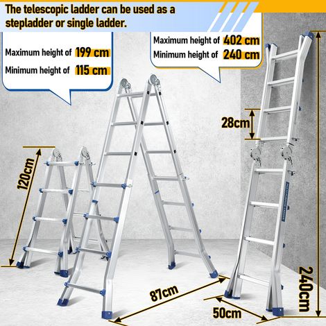 Randaco Echelle télescopique 4x4 marches argent + multifonctionnelle,Compacte et portable avec Soft Closing System Echelle télescopique Max. Charge maximale 150 kg (1/5)