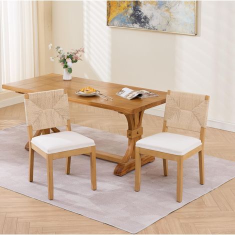 Set di 2 sedie da pranzo, schienale in rattan intrecciato, seduta imbottita, struttura in legno, lino beige (1/5)