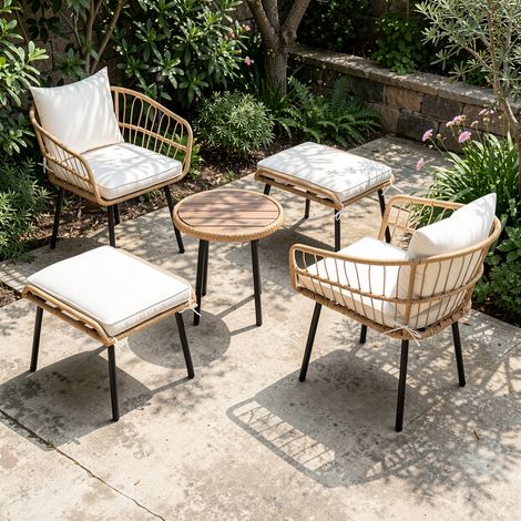 URBAN MEUBLE Salon De Jardin 5 Pièces En Rotin Naturel, Table Basse, 2 Chaises, 2 Tabourets