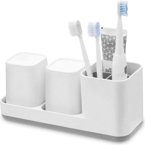 Porte-Brosse à Dents, Support Brosse à Dents pour la Brosse à Dents et la pâte Dentifrice, Gobelets à Dents, 2 Tasses à Dents de Salle de Bain, Plastique, Blanc (1/5)