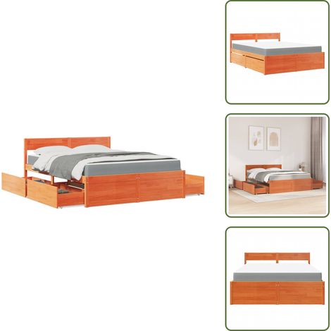 Bett mit Schubladen und Matratze Wachsbraun 140x200 Massivholz - Schlafzimmermöbel - Holzbetten - Doppelbett - Boxspringbett - Kiefernholzbett (1/5)