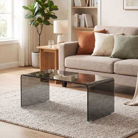 Table Basse en Verre, Table de Salon Rectangulaire Design Moderne avec Bords Arrondis Sûrs, Gris Clair Transparent (1/5)