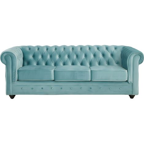 Canapé 3 places et 2 fauteuils CHESTERFIELD - Velours bleu pastel (1/4)