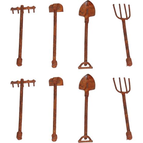Kit de 4 Outils Miniatures de Jardinage en Métal Rouillé pour Maison de Poupée 1:12 - Pelle, Binette, Fourche (1/5)