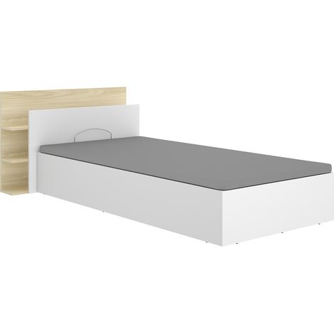 Ensemble Lit coffre coloris blanc 90x190 cm + tête de lit à 2 étagères coloris blanc/chêne clair (1/5)