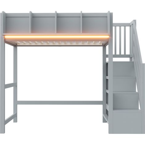 Cama alta multifuncional 90 x 200 cm gris con seguridad, almacenaje, LED y escalera (1/5)