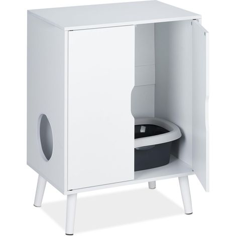 Meuble de Toilette pour Chat, 2 Portes, Cache-litière, entrée, Petite Armoire, HxLxP : 77x58x40 cm, Blanc (1/5)