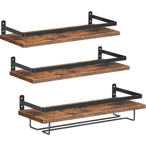 Porte-Bouteilles de Vin Murals, Lot de 3, Porte-Bouteilles Suspendus, Porte-Verres, pour Salon, Cuisine, Marron Rustique et Noir