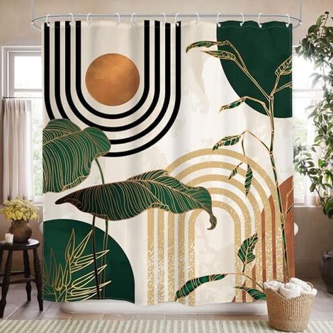 Mittelalterlich grüner Duschvorhang mit Palmen- und Sonnenbogenmuster, 72 x 78 Zoll, böhmischer subtropischer Stil, modernes minimalistisches Design, kompatibel mit Standard-Duschvorhangstangen.