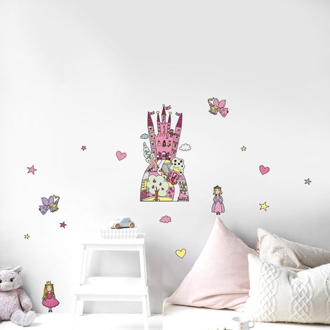 Sticker mural décoratif 68 cm X 24 cm, Château de conte de fée, princesses et bonnes fées, décoration murale pour enfants. (1/2)