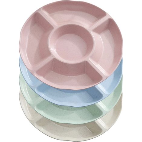 Set de 4 assiettes à apéritif Longziming – 30 cm – 5 compartiments – Bols ronds colorés – Idéal pour la famille et les fêtes – pour les bonbons, les noix et les fruits secs. (1/5)