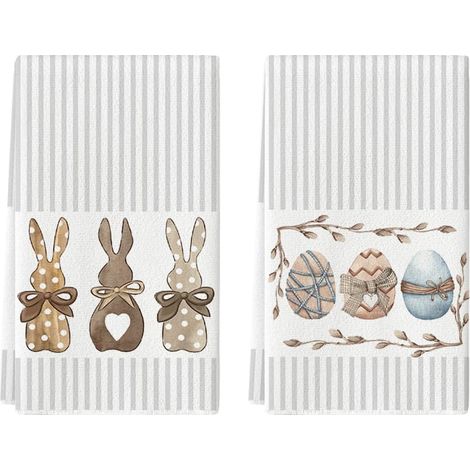 Trois lapins et œufs de Pâques rayés, 42x65 cm décoration de printemps pour la cuisine, torchons de vaisselle, lot de 2 (1/5)