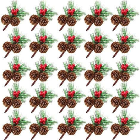25 mini ramitas artificiales de pino con bayas rojas naturales y piñas, ramitas de pino navideñas de hoja perenne y bayas de acebo, agujas de pino artificiales para festivales. (1/5)