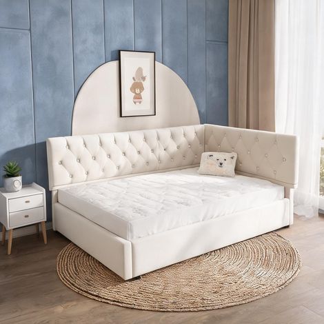 Cadre de lit beige en velours 196 x 100 x 77 cm (1/5)