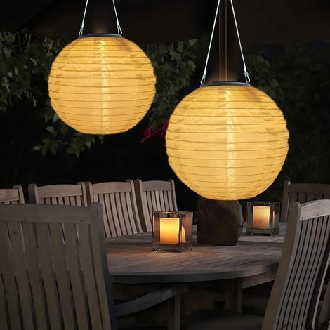 Lot de 2 lampions solaires d'extérieur résistants aux intempéries - 20 cm - Lampes solaires en nylon - Pour jardin, terrasse, mariage, fête - Blanc chaud (1/5)