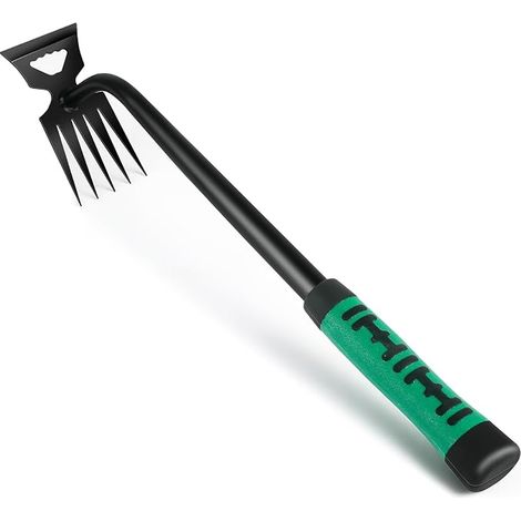 Manueller Unkrautstecher, 5-Zinken-Unkrautrechen, Gartenrechen aus Edelstahl mit langem Griff (1/5)